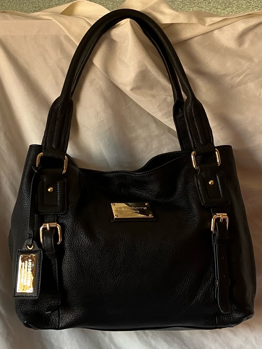 Liz Claiborne Black Leather Shoulder Tote with Gold Hardware